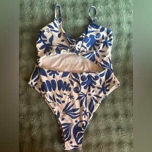 H&M White & Blue Swimsuit with Cutout Detail